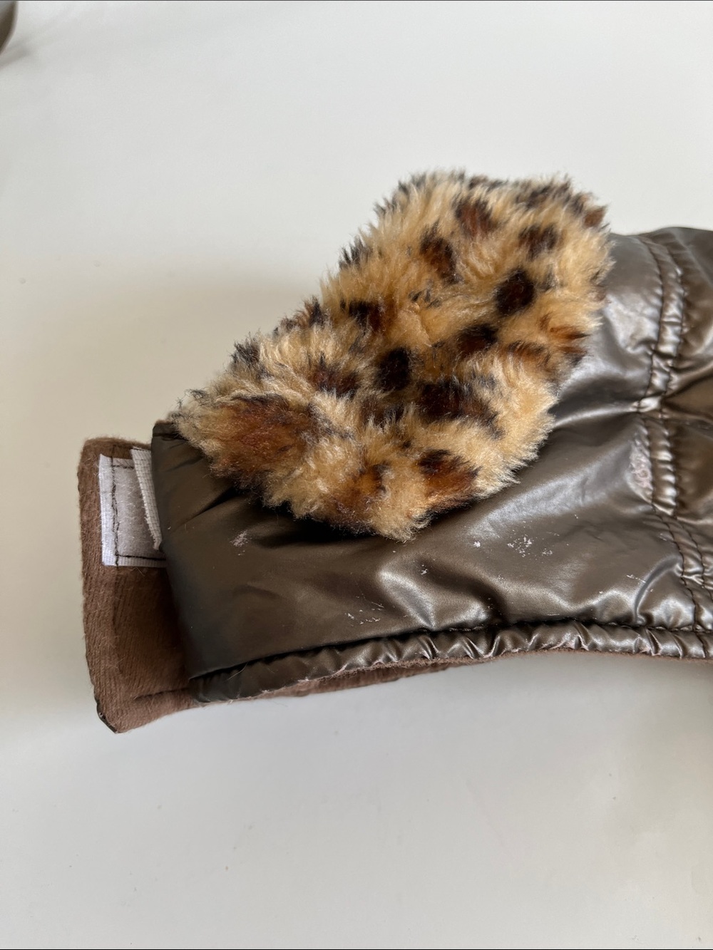 Metallic Brown Dog Puffer Coat with Faux Fur Leopard Collar - Picture 2 of 6